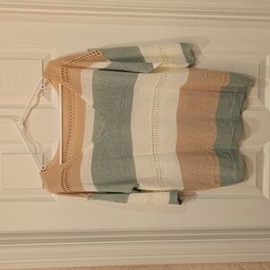 NWOT Sage Green, Khaki, Ivory striped reversible, drop shoulder sweater